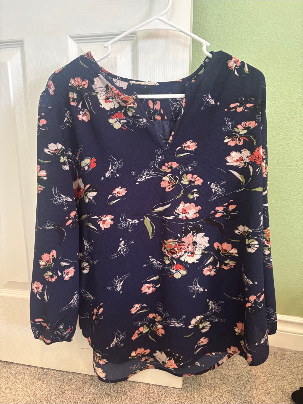 Fun 2 Fun Navy Floral V-Neck Long Sleeve Blouse